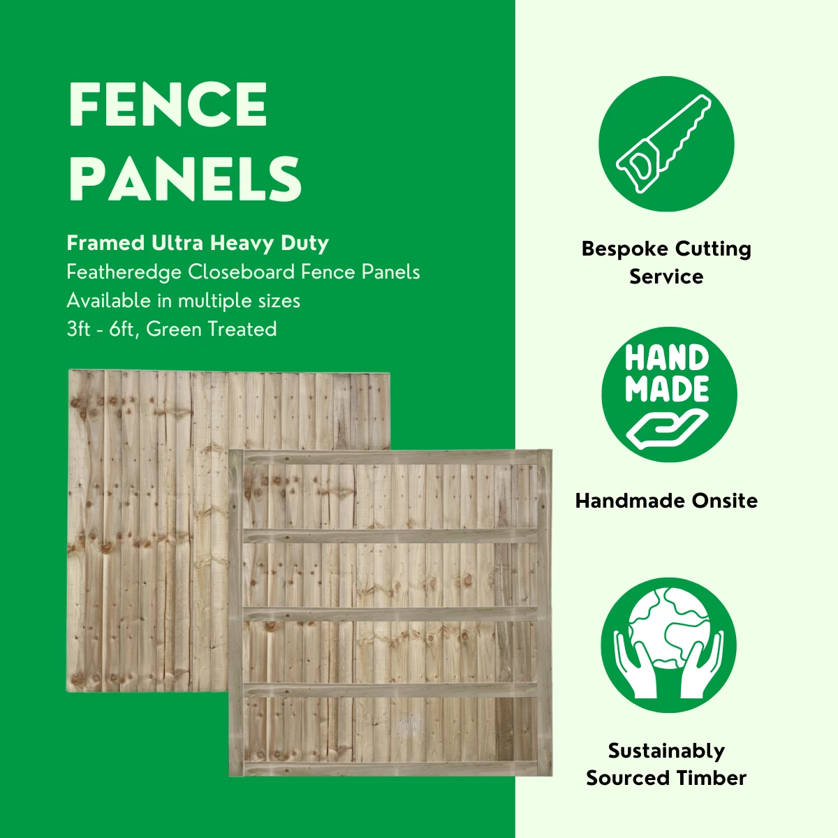Ultra Heavy Duty Closeboard Fence Panels | Framed | Green Treated Feather Edge | 3ft X 6ft 2 Ultra Heavy Duty Closeboard Fence Panels | Framed | Green Treated Feather Edge | 3ft X 6ft - Image 2
